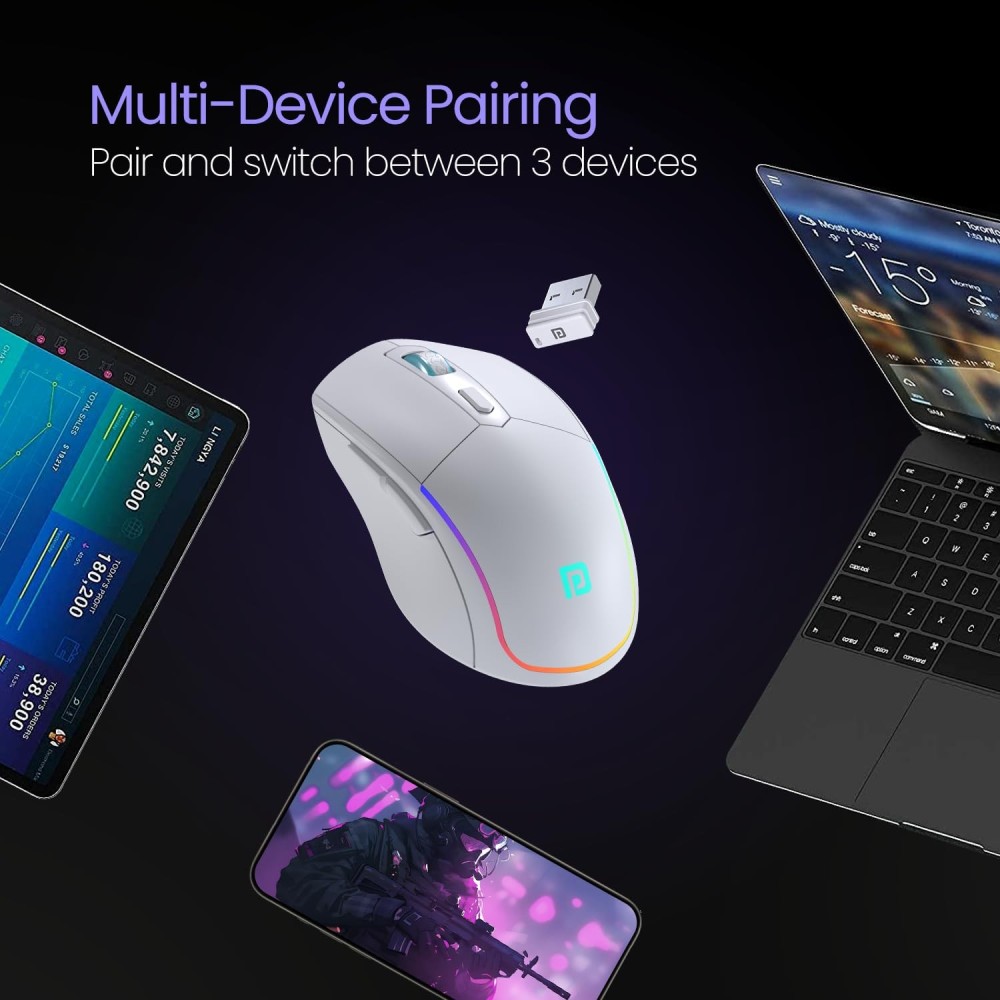 Portronics Toad One Bluetooth & 2.4GHz Dual Wireless Mouse, Rechargeable RGB Ergonomic Mouse, 6 Buttons, Multi-Device (3 Devices) - (White)