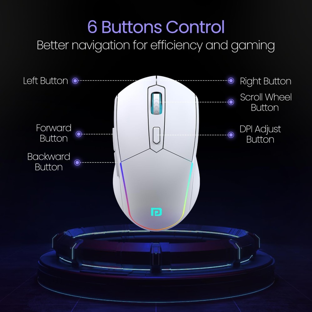 Portronics Toad One Bluetooth & 2.4GHz Dual Wireless Mouse, Rechargeable RGB Ergonomic Mouse, 6 Buttons, Multi-Device (3 Devices) - (White)