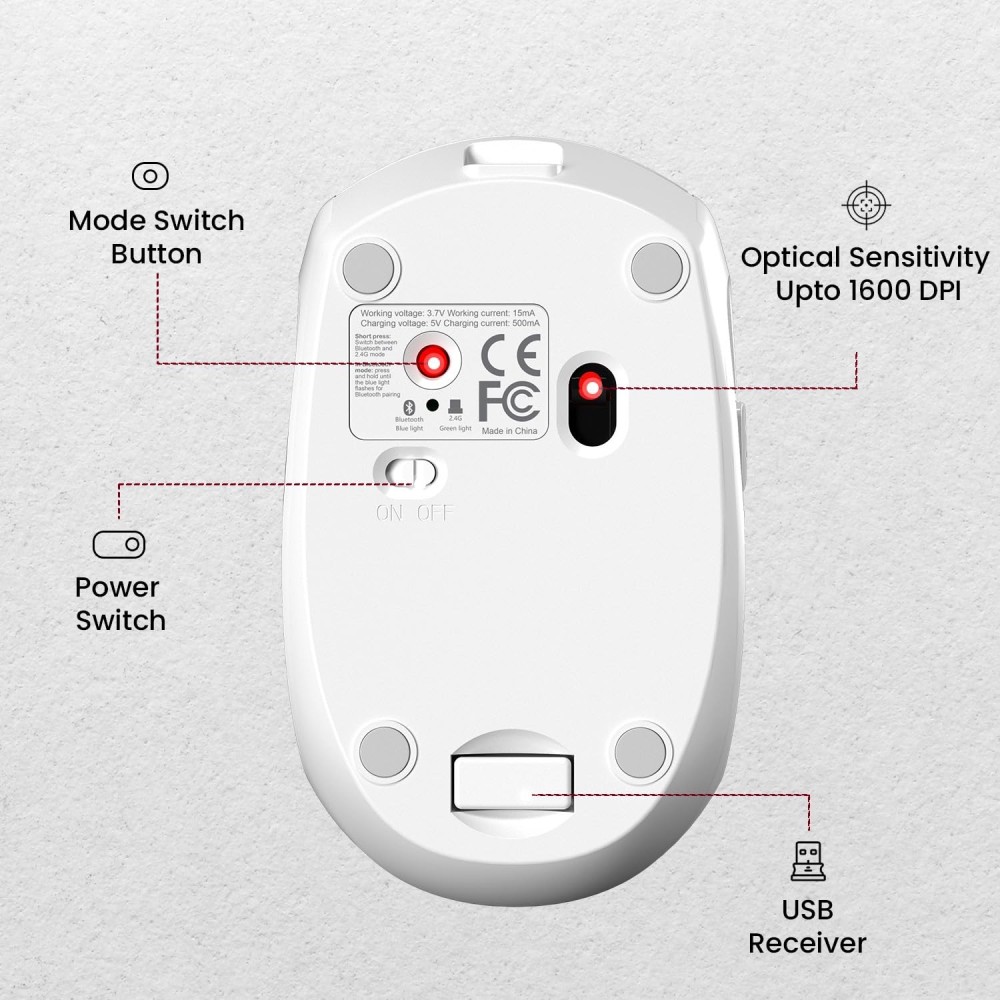 Portronics Toad III Wireless Bluetooth & 2.4GHz Mouse with Rechargeable 6-Button Ergonomic Mouse with Adjustable DPI for PC, Laptop & Mac - (White)