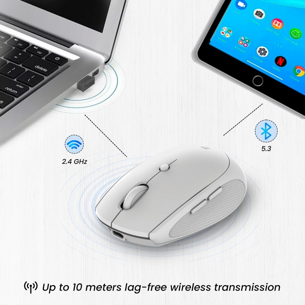 Portronics Toad III Wireless Bluetooth & 2.4GHz Mouse with Rechargeable 6-Button Ergonomic Mouse with Adjustable DPI for PC, Laptop & Mac - (White)