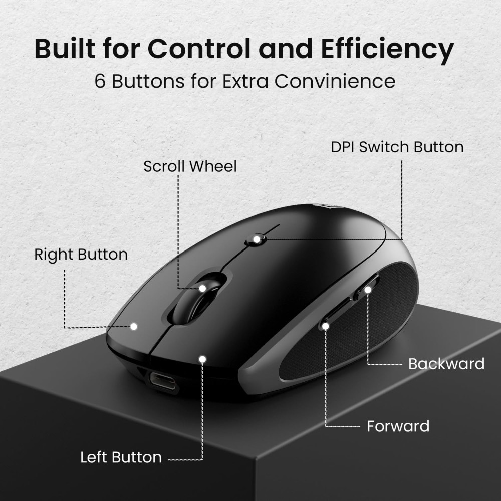 Portronics Toad III Wireless Bluetooth & 2.4GHz Mouse with Rechargeable 6-Button Ergonomic Mouse with Adjustable DPI for PC, Laptop & Mac - (Black)