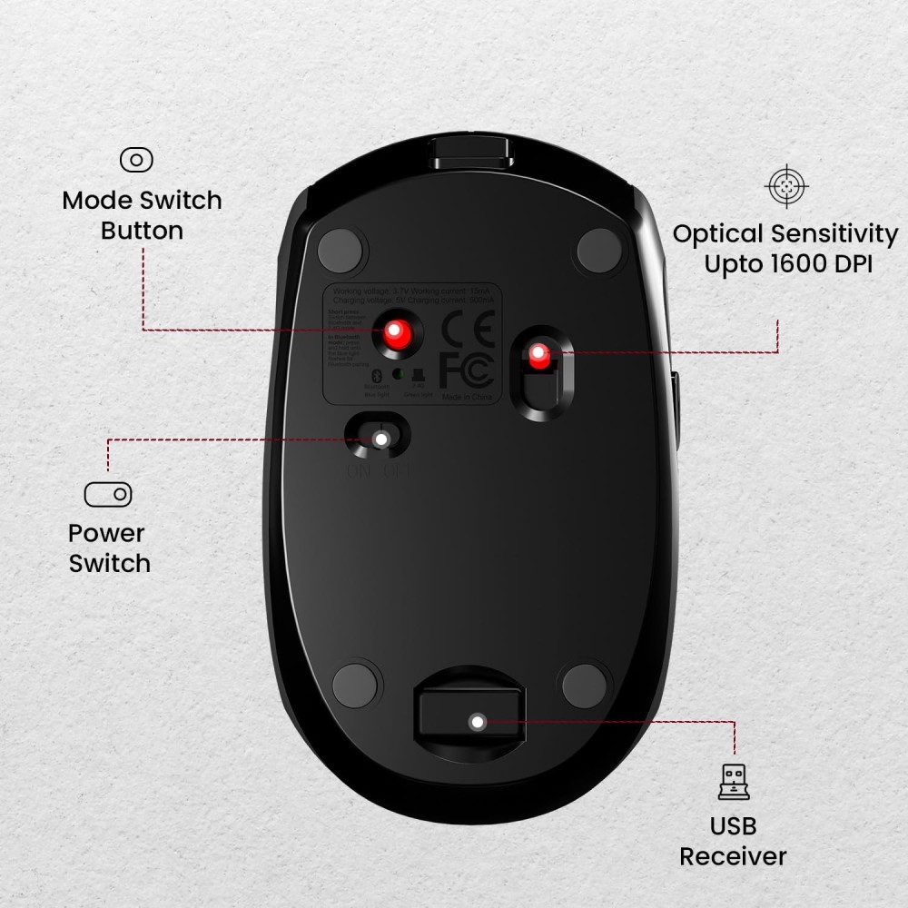 Portronics Toad III Wireless Bluetooth & 2.4GHz Mouse with Rechargeable 6-Button Ergonomic Mouse with Adjustable DPI for PC, Laptop & Mac - (Black)