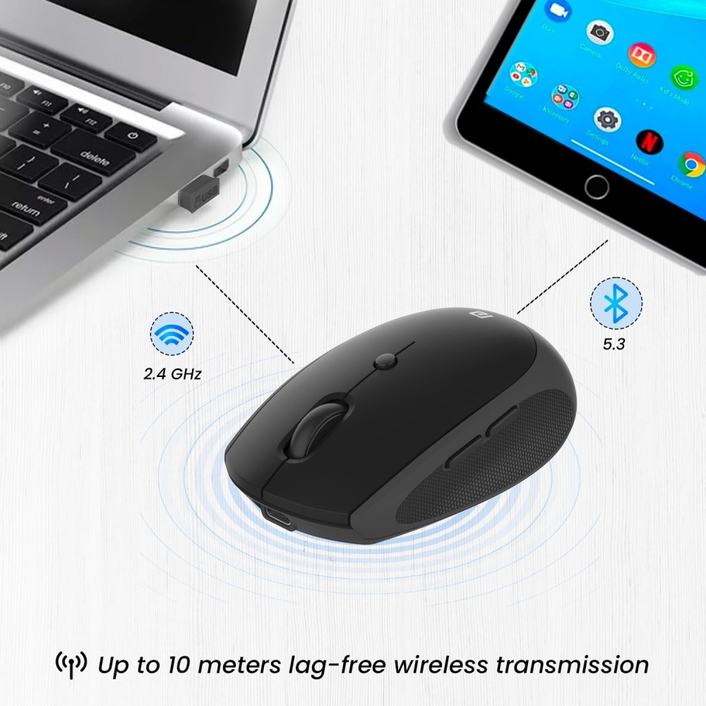 Portronics Toad III Wireless Bluetooth & 2.4GHz Mouse with Rechargeable 6-Button Ergonomic Mouse with Adjustable DPI for PC, Laptop & Mac - (Black)