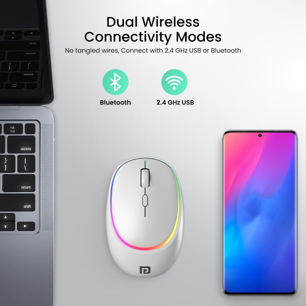 Portronics Toad IV Bluetooth & 2.4GHz Wireless Rechargeable Mouse with Multi-Device RGB Mouse with Adjustable DPI for Laptop, PC, Tablet & Smartphone - (White)
