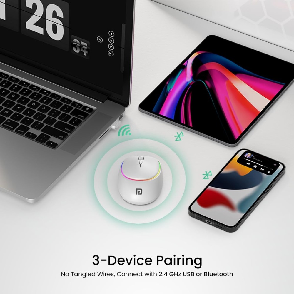 Portronics Toad IV Bluetooth & 2.4GHz Wireless Rechargeable Mouse with Multi-Device RGB Mouse with Adjustable DPI for Laptop, PC, Tablet & Smartphone - (White)