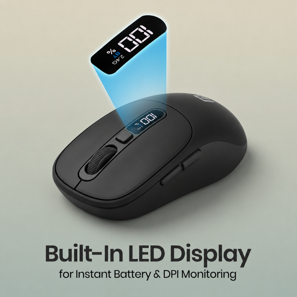 Portronics Toad 9 Wireless Bluetooth Mouse with Dual Mode (Bluetooth + 2.4GHz), Smart LED Display, Rechargeable, 4800 DPI, Multi-Device - (Black)
