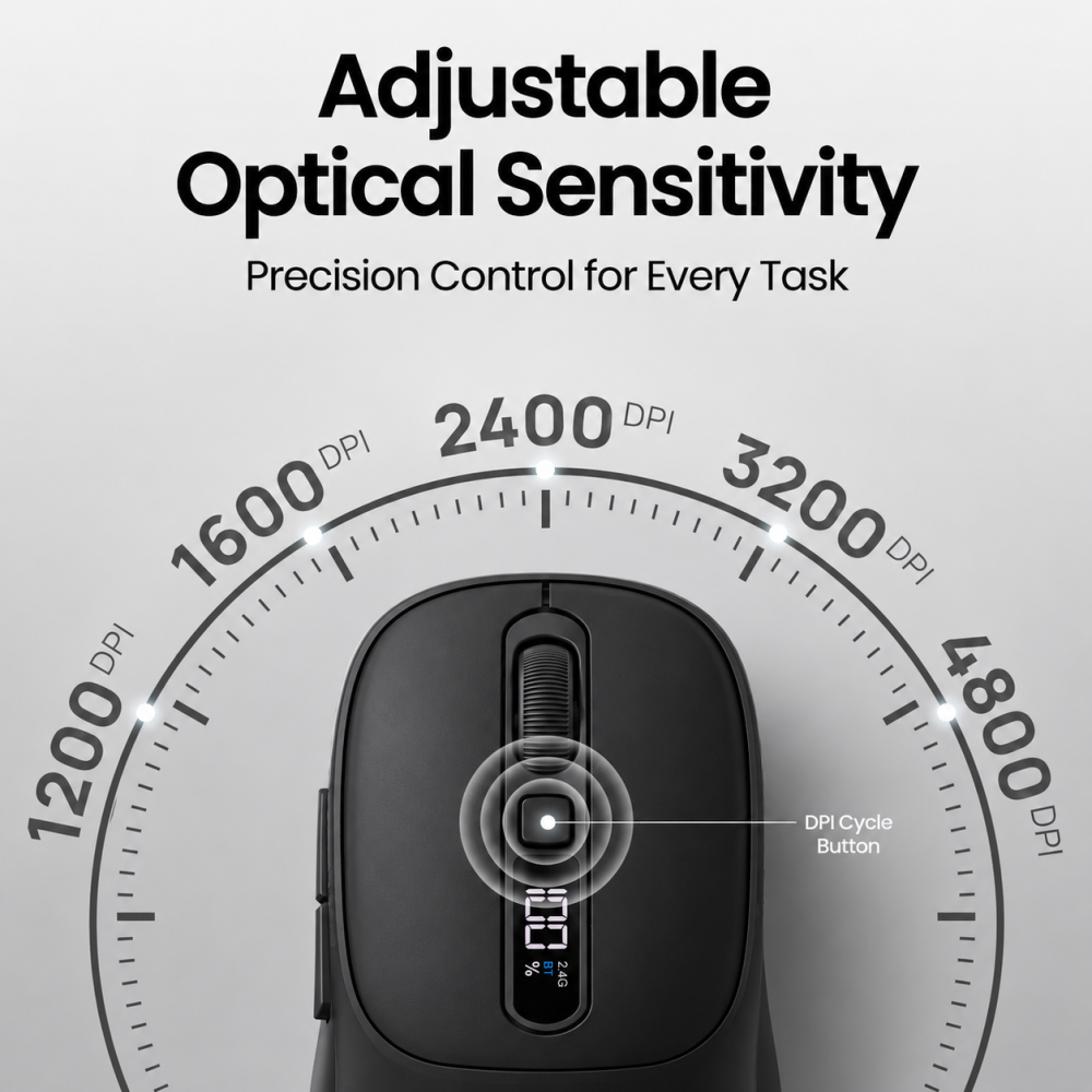 Portronics Toad 9 Wireless Bluetooth Mouse with Dual Mode (Bluetooth + 2.4GHz), Smart LED Display, Rechargeable, 4800 DPI, Multi-Device - (Black)