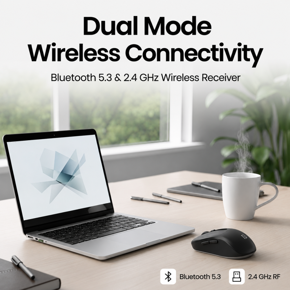 Portronics Toad 9 Wireless Bluetooth Mouse with Dual Mode (Bluetooth + 2.4GHz), Smart LED Display, Rechargeable, 4800 DPI, Multi-Device - (Black)