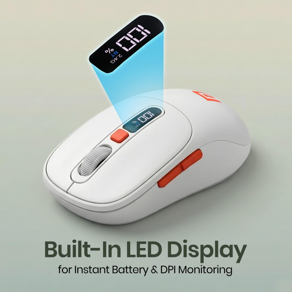 Portronics Toad 9 Wireless Bluetooth Mouse with Dual Connectivity (BT + 2.4GHz), Smart LED Display, Rechargeable, 4800 DPI, Multi-Device - (White)