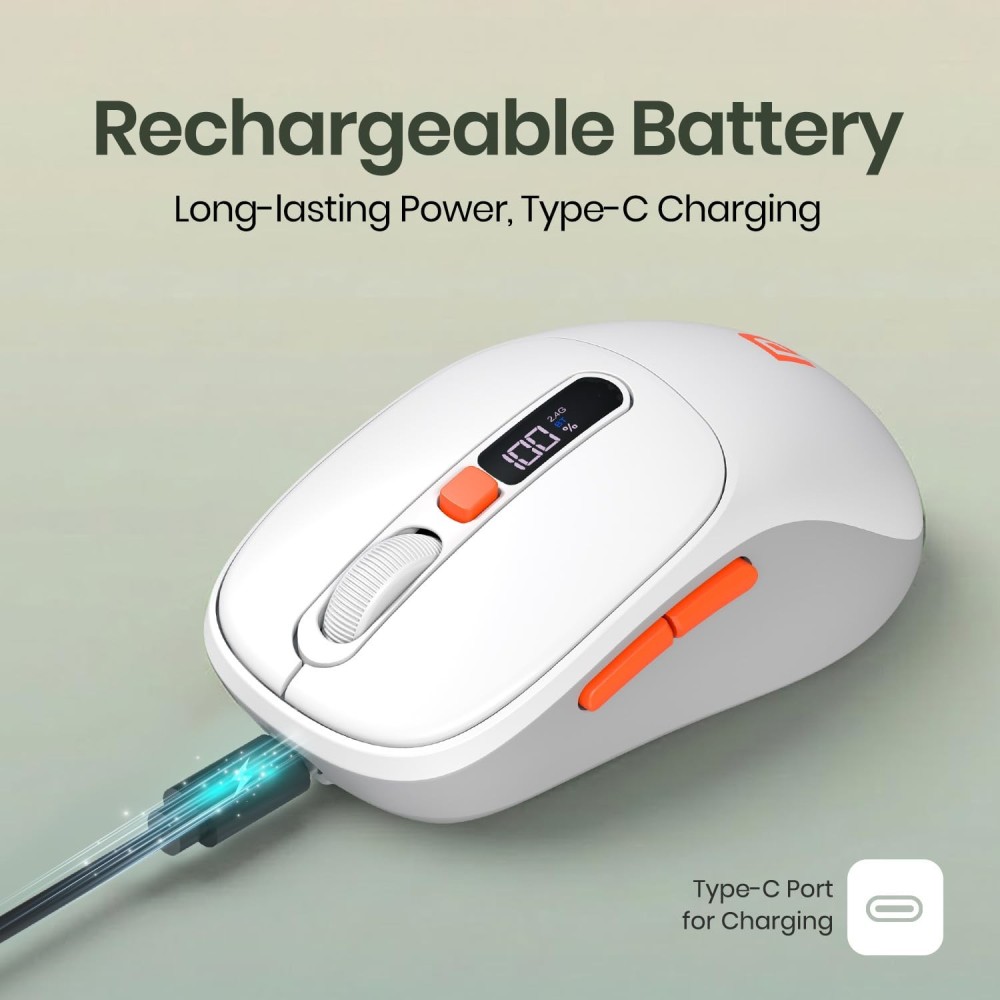 Portronics Toad 9 Wireless Bluetooth Mouse with Dual Connectivity (BT + 2.4GHz), Smart LED Display, Rechargeable, 4800 DPI, Multi-Device - (White)