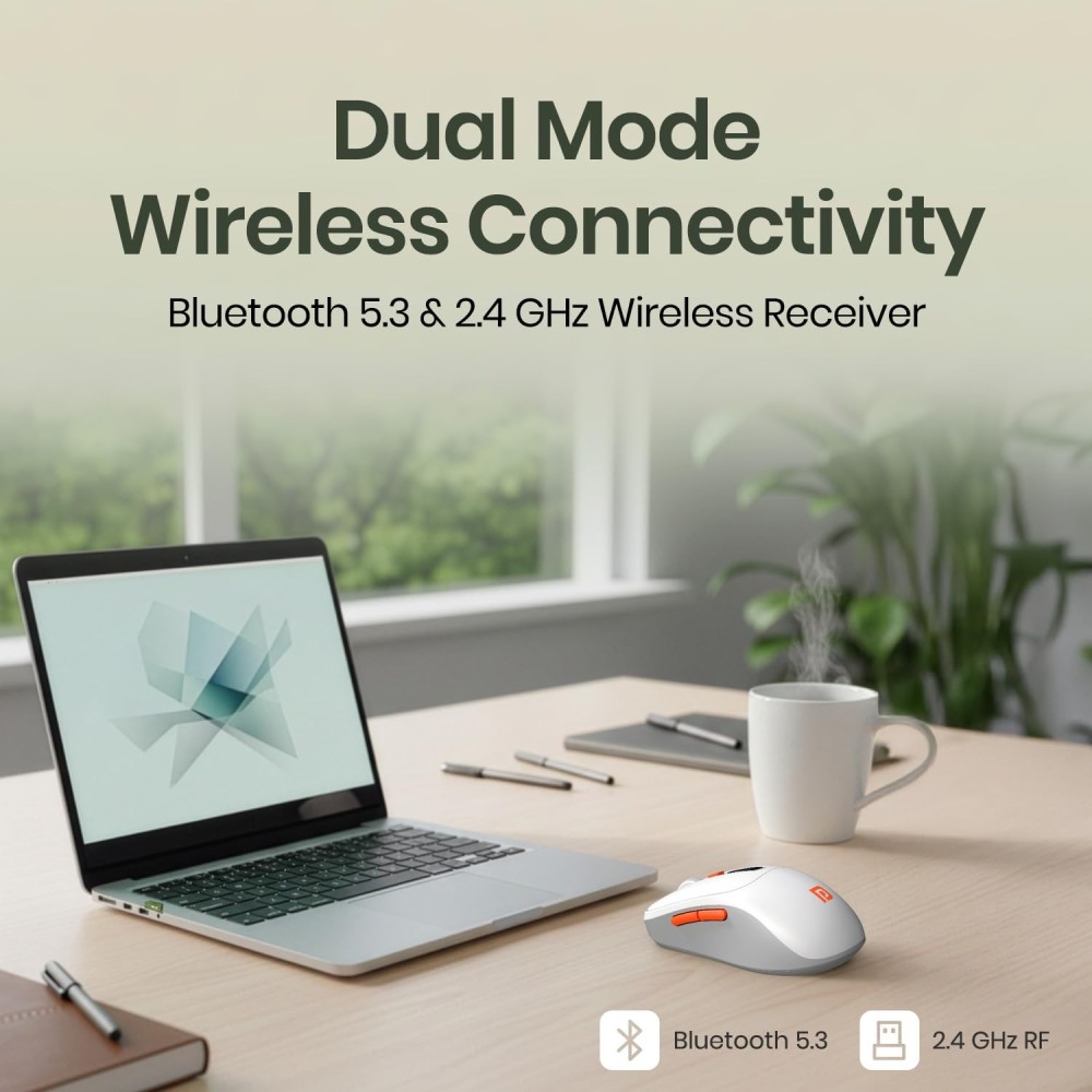 Portronics Toad 9 Wireless Bluetooth Mouse with Dual Connectivity (BT + 2.4GHz), Smart LED Display, Rechargeable, 4800 DPI, Multi-Device - (White)