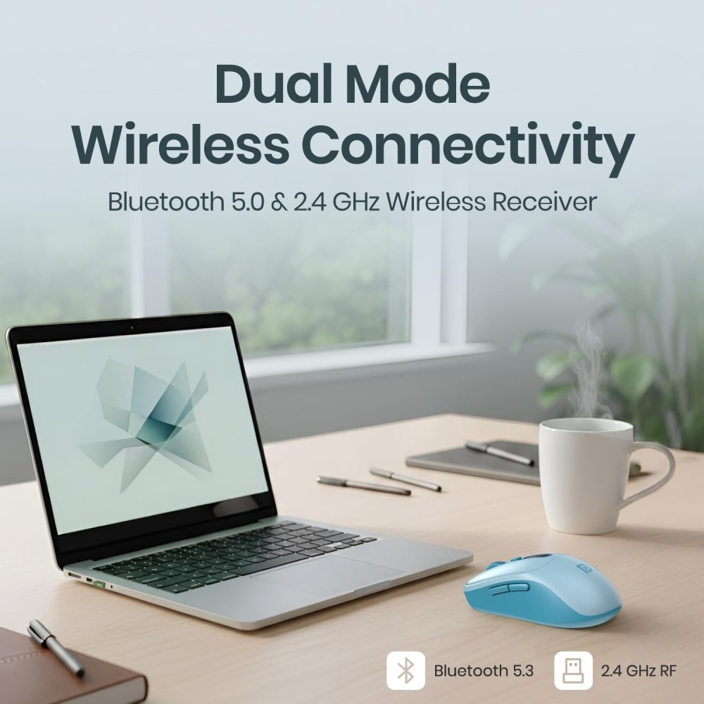Portronics Toad 9 Wireless Bluetooth Mouse with Dual Connectivity (BT + 2.4GHz), Smart LED Display, Rechargeable, 4800 DPI, Multi-Device - (Blue)