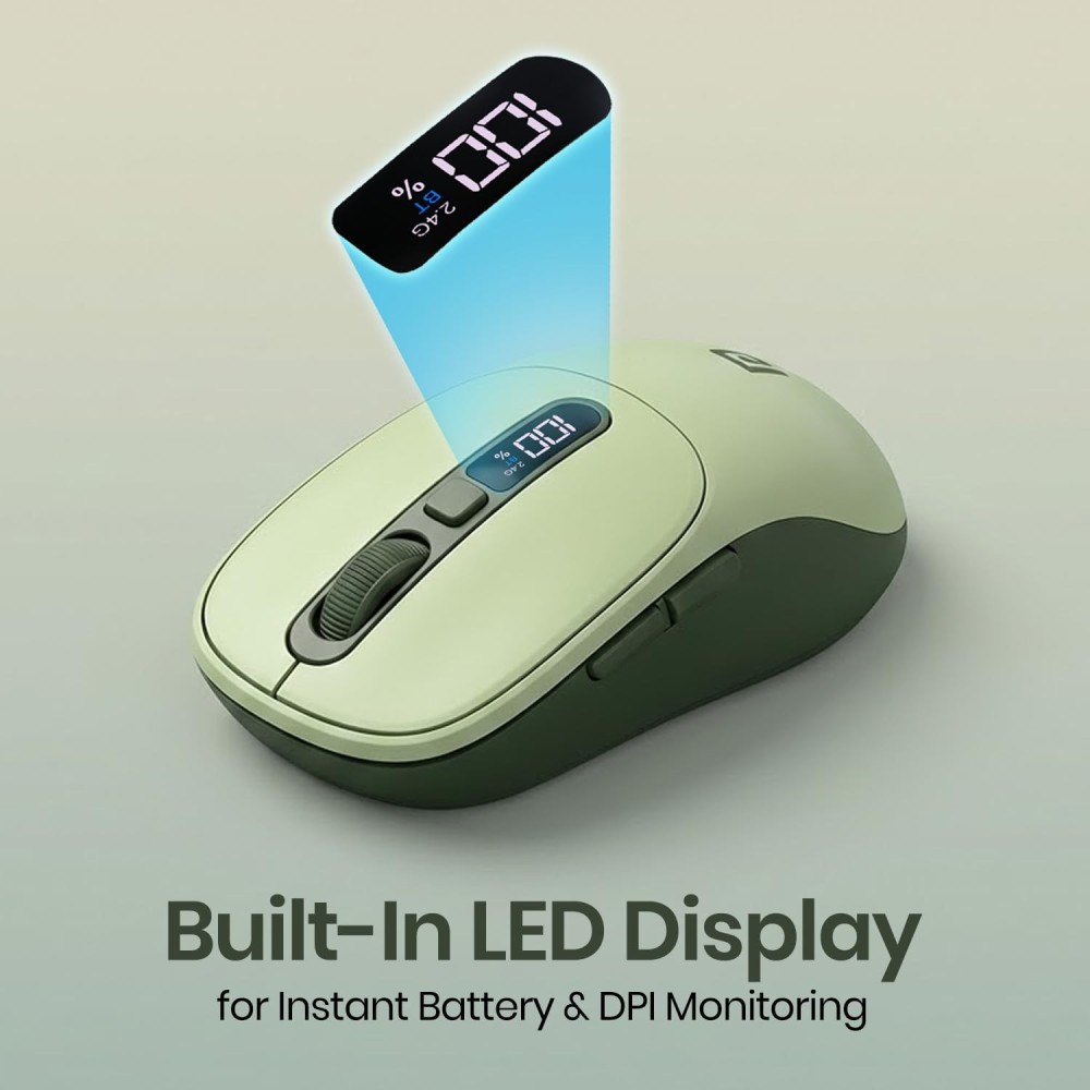 Portronics Toad 9 Wireless Bluetooth Mouse with Dual BT + 2.4GHz, Rechargeable, 4800 DPI, Multi-Device Mouse with LED Display - (Green)