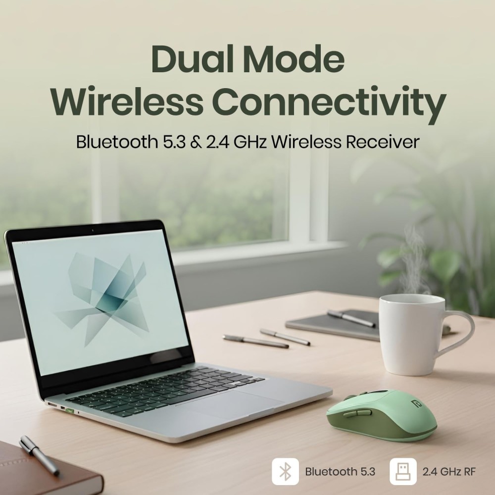 Portronics Toad 9 Wireless Bluetooth Mouse with Dual BT + 2.4GHz, Rechargeable, 4800 DPI, Multi-Device Mouse with LED Display - (Green)