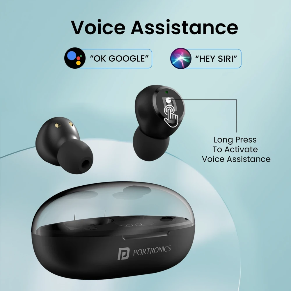 Portronics Harmonics Twins S13 in Ear Earbuds With Mic,24H Playtime, Game/Music Mode,BT5.3v Bluetooth Headset (Black, True Wireless)