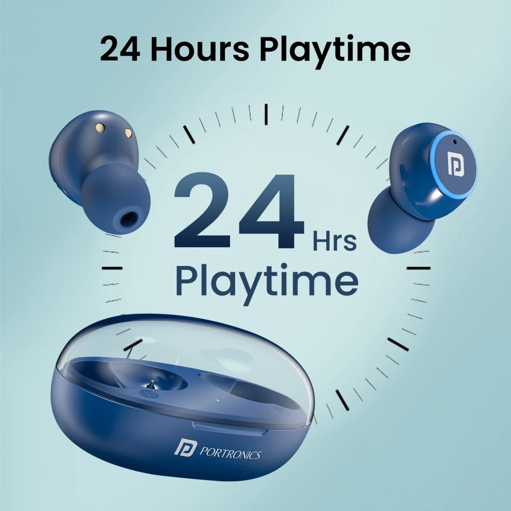 Portronics Harmonics Twins S13 in Ear Earbuds With Mic,24H Playtime, Game/Music Mode,BT5.3v Bluetooth Headset (Blue, True Wireless)