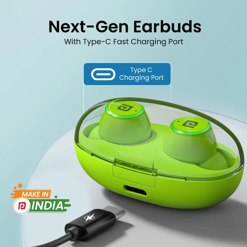 Portronics Harmonics Twins S13 in Ear Earbuds With Mic,24H Playtime, Game/Music Mode,BT5.3v Bluetooth Gaming Headset (Green, True Wireless)