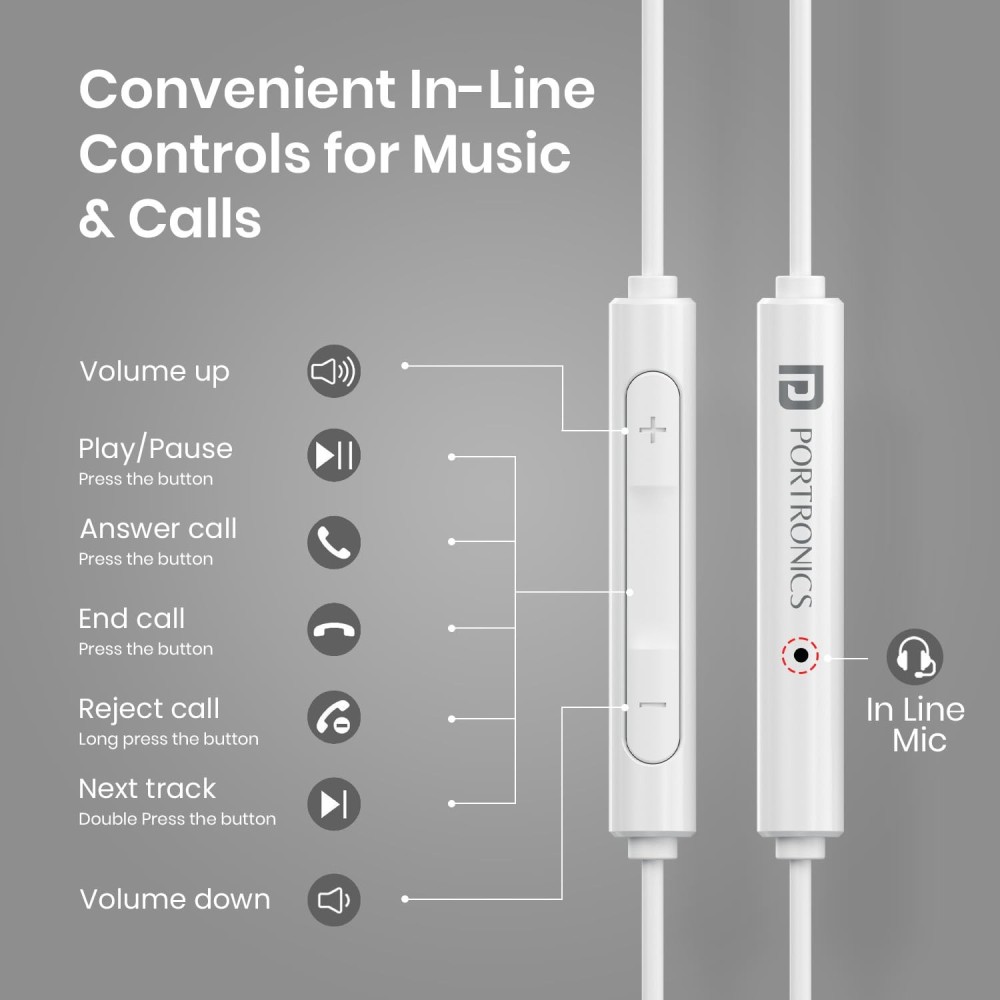 Portronics Conch Theta L 8 Pin Wired Earphone with in Line HD Mic, Powerful Audio, 14.2mm Driver, Unique Earbuds Design, TPE Anti Tangle Wire, in line Controls, Wide Compatibility(White)