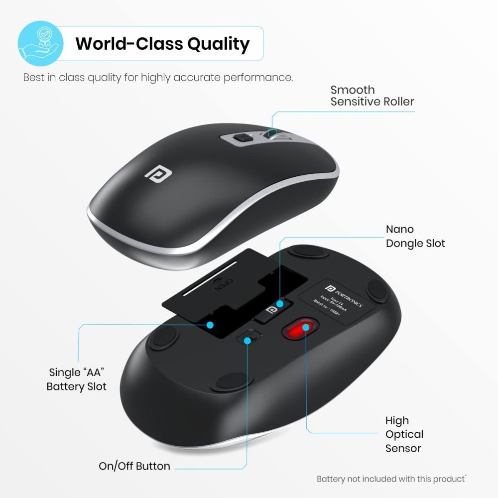 Portronics Toad 14 Wireless Mouse, 2.4GHz USB Nano Dongle, Adjustable 1400 DPI, Dual-Function Scroll Wheel - (Black)
