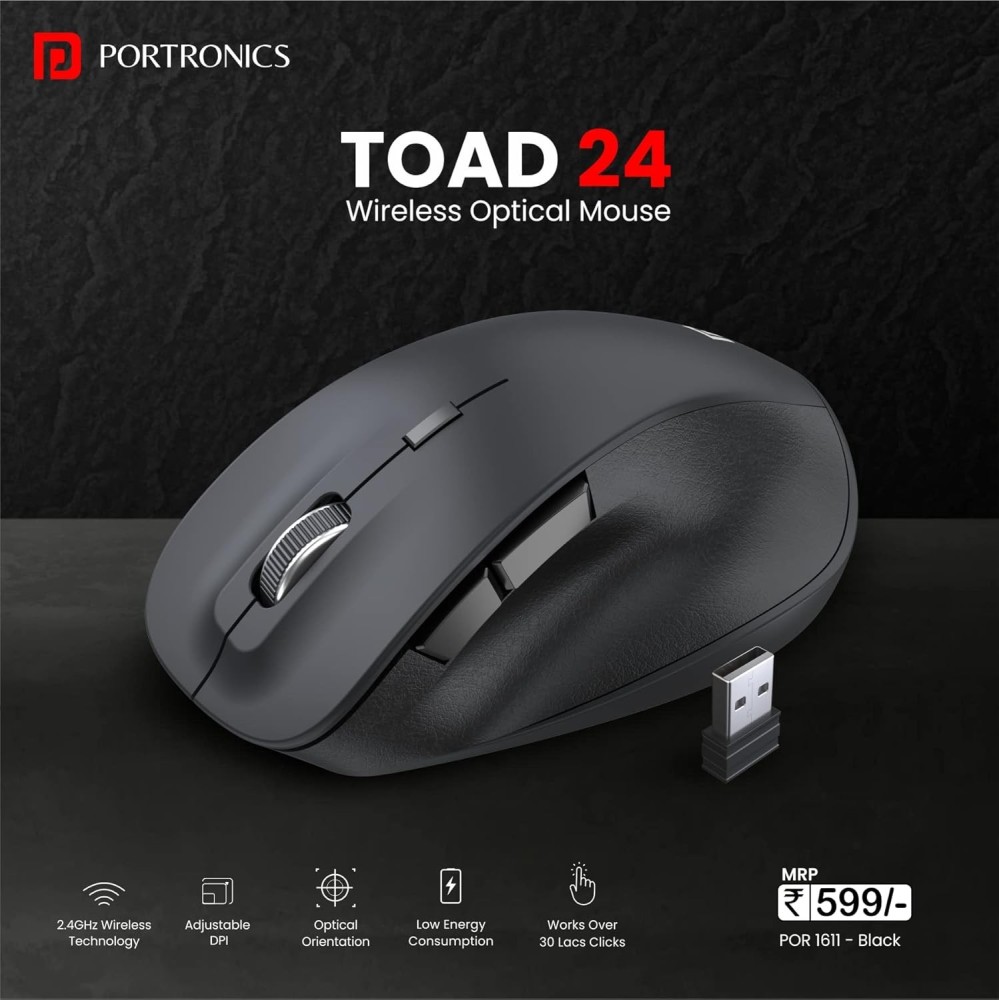 Portronics Toad 24 Wireless Mouse with 2.4GHz USB Nano Receiver, Adjustable 1600 DPI, Dual-Function Scroll Wheel for Laptop, Mac & PC - (Black)