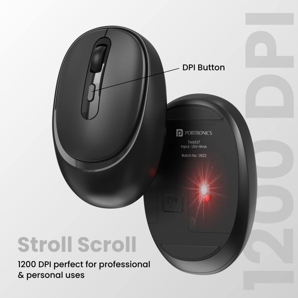 Portronics Toad 27 Wireless Mouse with Silent Buttons, 2.4GHz USB Nano Receiver, Adjustable DPI for PC, Laptop & Mac – (Black)