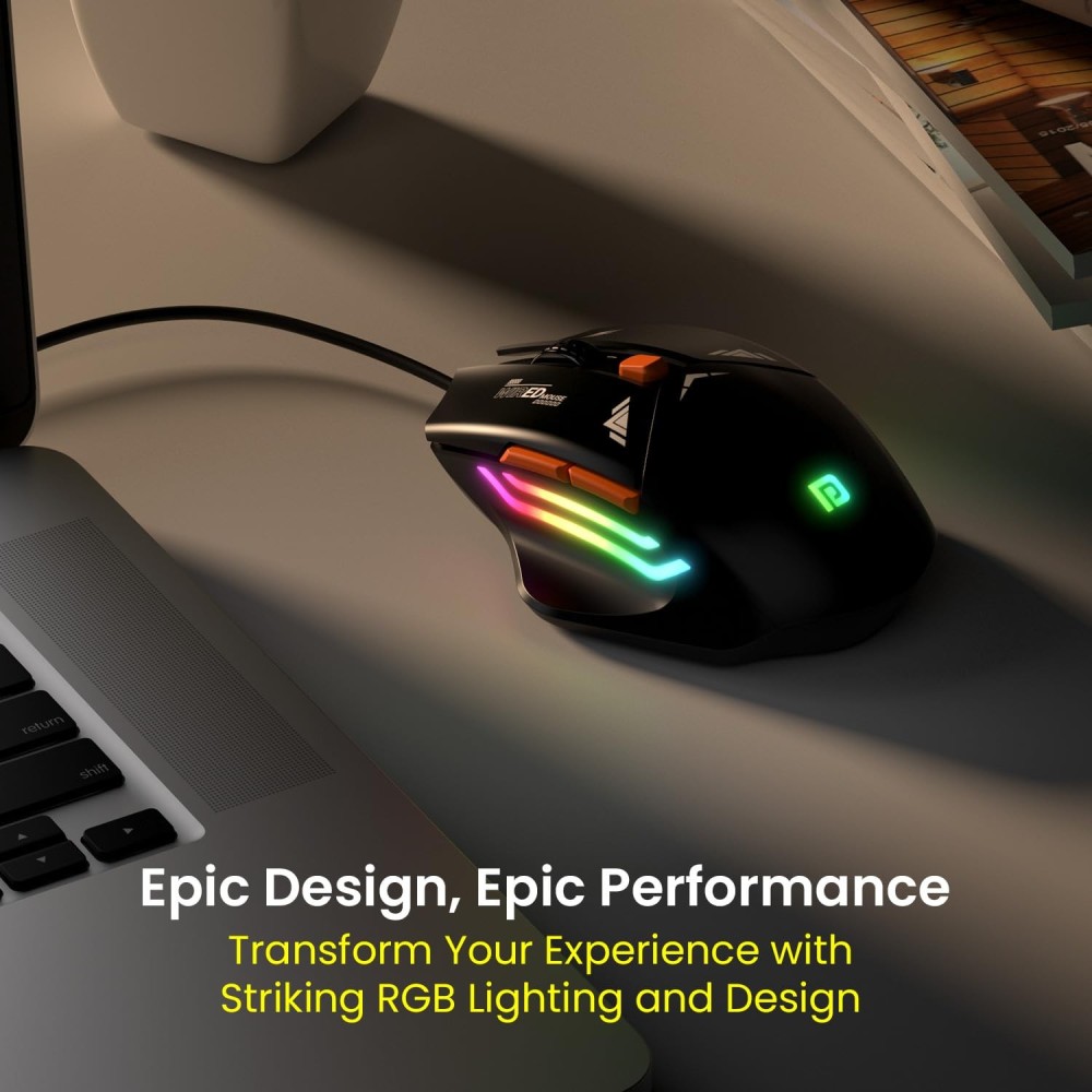 Portronics Vader Wired Gaming Mouse with 6400 DPI, 6 Buttons, RGB Lights, Ergonomic Thumb Support, USB Gaming Mouse for PC & Laptop – (Black)