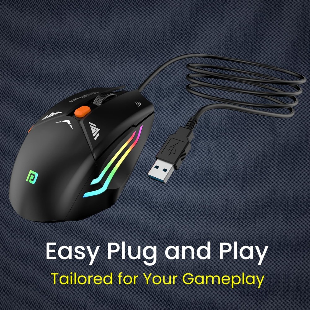 Portronics Vader Wired Gaming Mouse with 6400 DPI, 6 Buttons, RGB Lights, Ergonomic Thumb Support, USB Gaming Mouse for PC & Laptop – (Black)