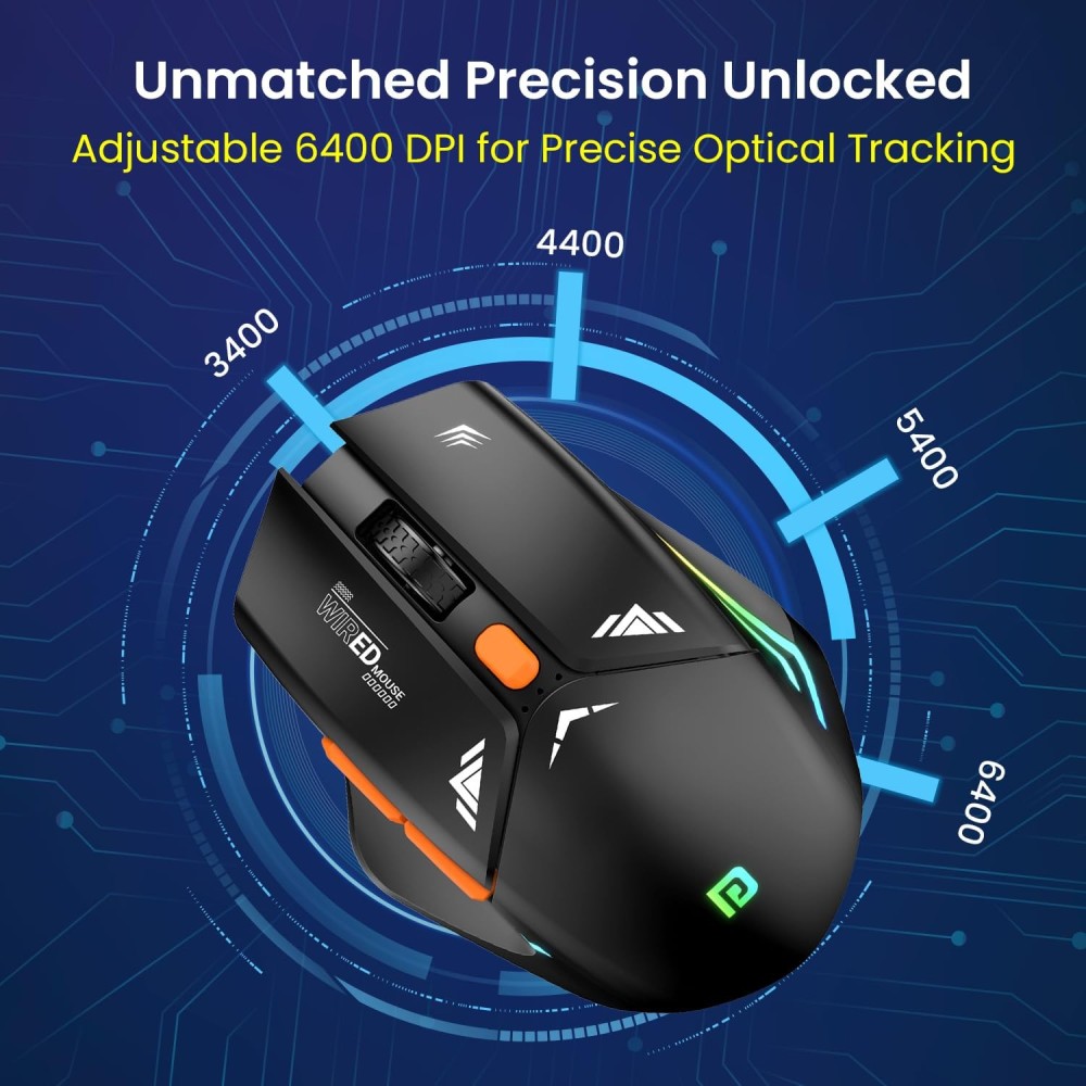 Portronics Vader Wired Gaming Mouse with 6400 DPI, 6 Buttons, RGB Lights, Ergonomic Thumb Support, USB Gaming Mouse for PC & Laptop – (Black)