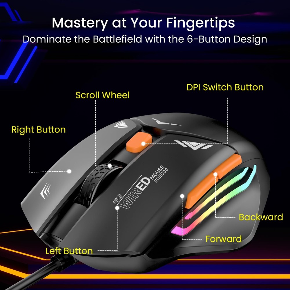 Portronics Vader Wired Gaming Mouse with 6400 DPI, 6 Buttons, RGB Lights, Ergonomic Thumb Support, USB Gaming Mouse for PC & Laptop – (Black)