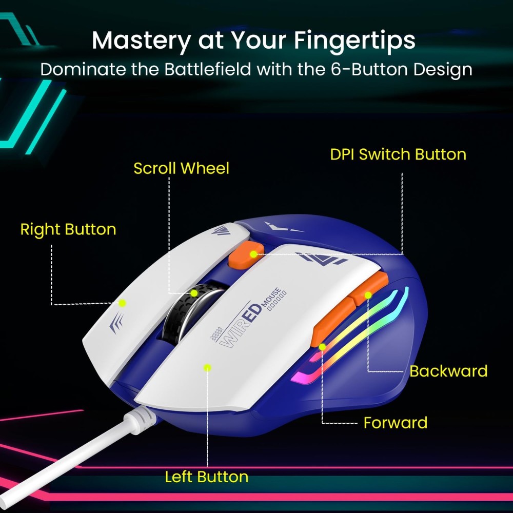 Portronics Vader Wired Gaming Mouse with 6400 DPI, 6 Buttons, RGB Lights, Ergonomic Thumb Support, USB Gaming Mouse for PC & Laptop – (Blue)