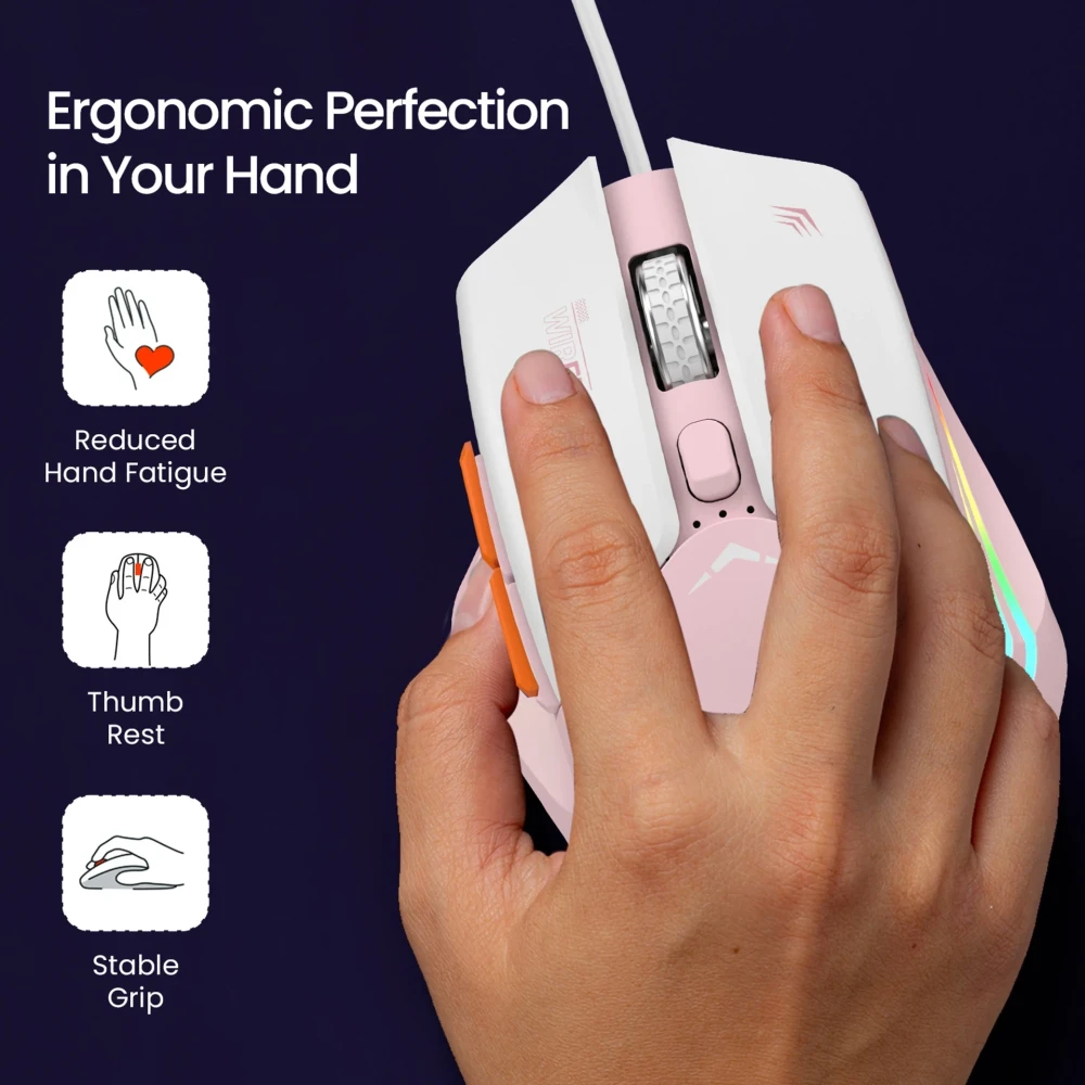Portronics Vader Wired Gaming Mouse with 6400 DPI, 6 Buttons, RGB Lights, Ergonomic Thumb Support, USB Gaming Mouse for PC & Laptop – (Pink)