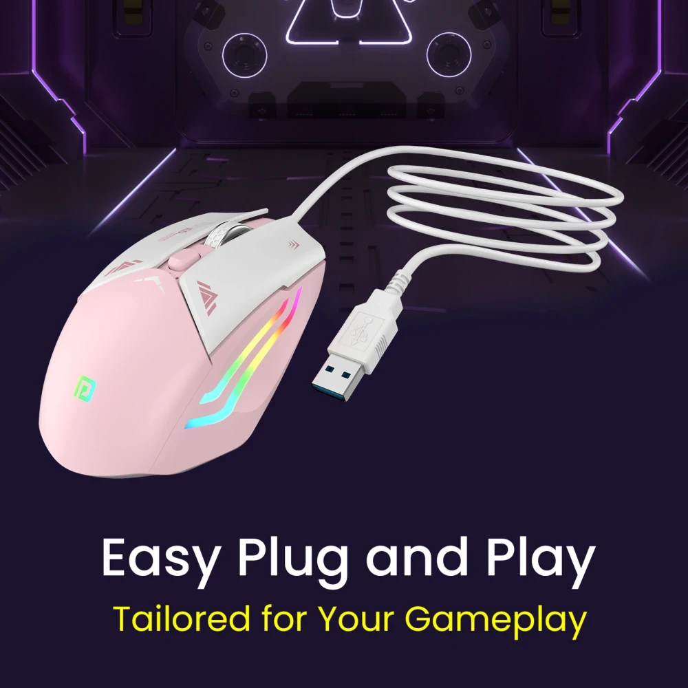 Portronics Vader Wired Gaming Mouse with 6400 DPI, 6 Buttons, RGB Lights, Ergonomic Thumb Support, USB Gaming Mouse for PC & Laptop – (Pink)