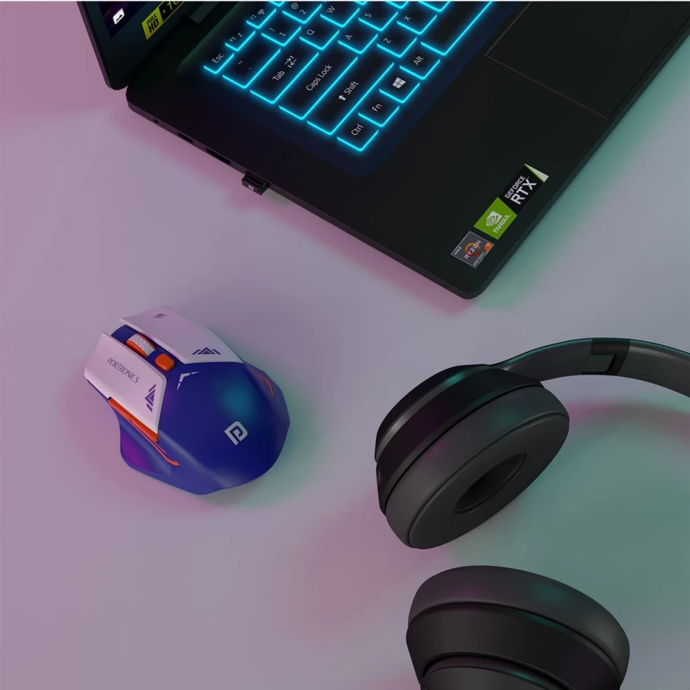 Portronics Vader Pro Wireless Gaming Mouse with 2.4GHz Receiver, 6 Buttons, Adjustable DPI, Ergonomic Thumb Support for PC, Laptop & Mac – (Indigo Blue)