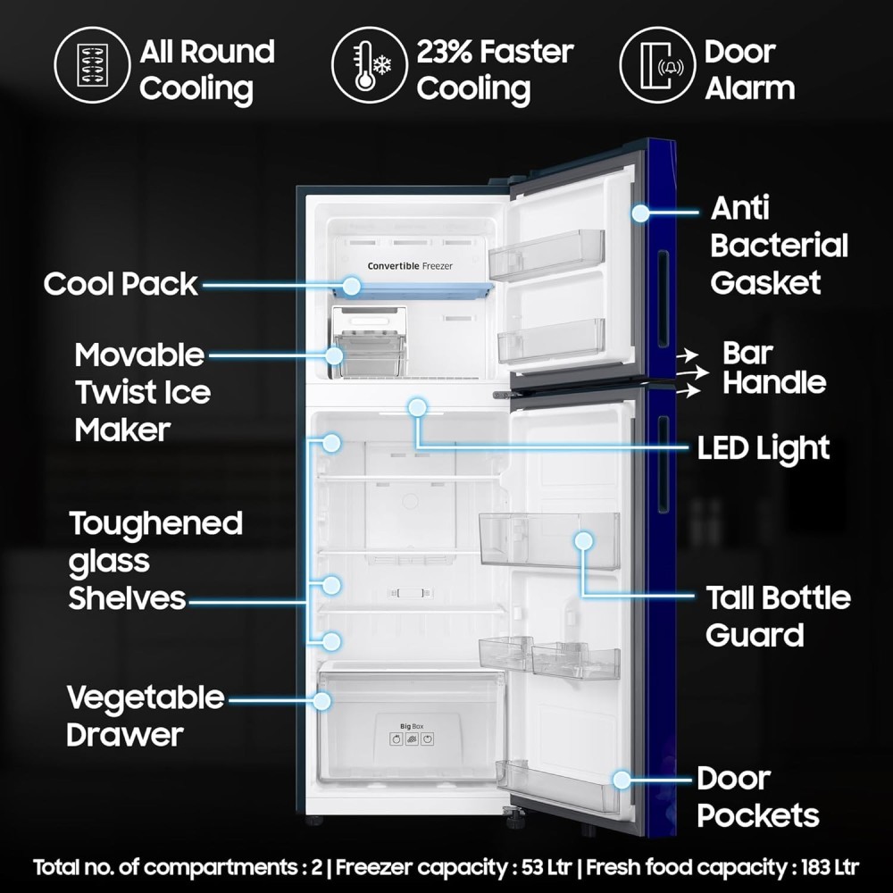 Samsung 236 L, 2 Star, Convertible, Digital Inverter Frost Free Double Door Refrigerator (RT40H28U2HSHL, Hydrangea Blue, 2026 Model)