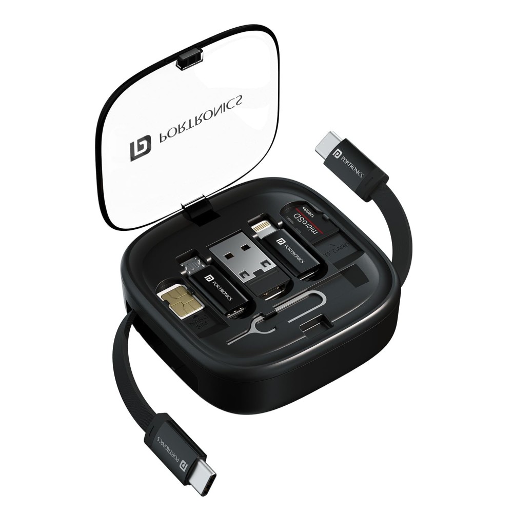 Portronics Snapcase 2 60W Multifunctional Fast Charging Data Cable Kit with Retractable Cable, USB-A & USB-C to Micro USB/Lightning Conversion Set, SIM Storage & SIM Eject Pin – (Black)