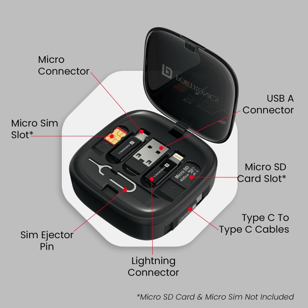 Portronics Snapcase 2 60W Multifunctional Fast Charging Data Cable Kit with Retractable Cable, USB-A & USB-C to Micro USB/Lightning Conversion Set, SIM Storage & SIM Eject Pin – (Black)