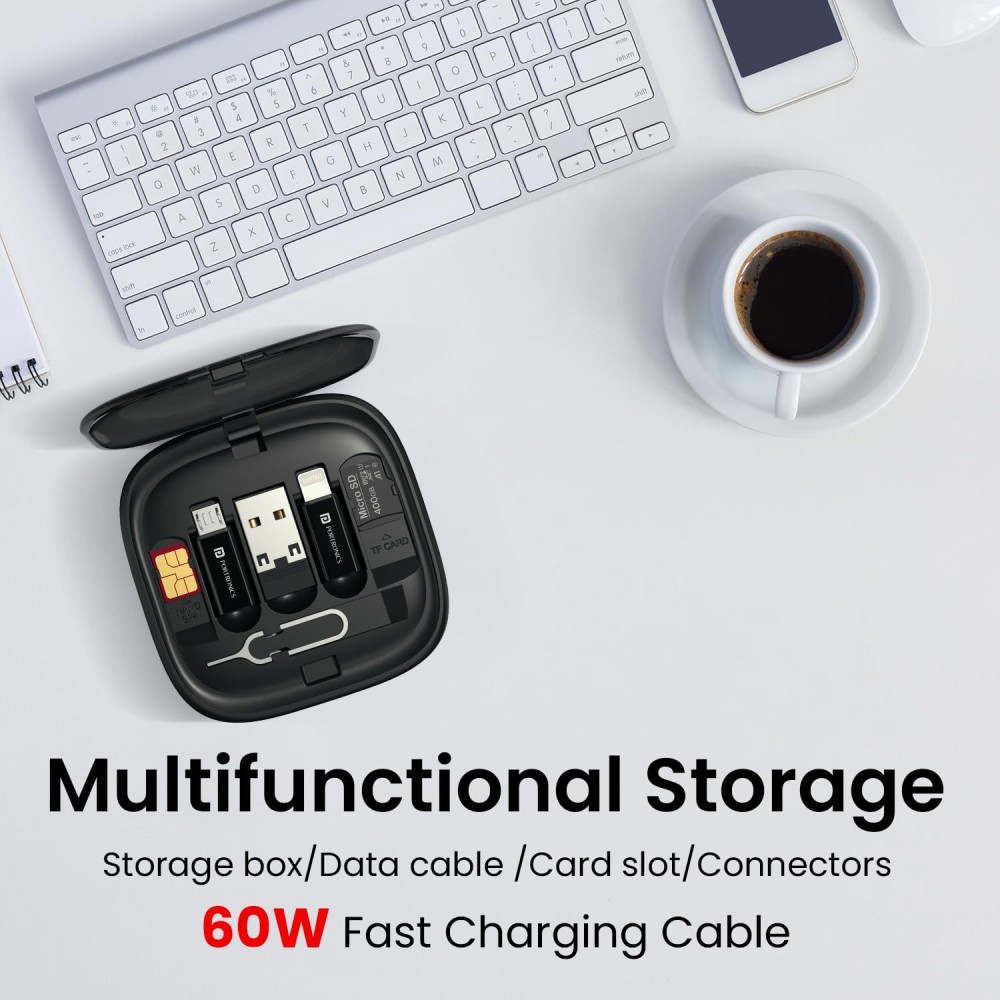 Portronics Snapcase 2 60W Multifunctional Fast Charging Data Cable Kit with Retractable Cable, USB-A & USB-C to Micro USB/Lightning Conversion Set, SIM Storage & SIM Eject Pin – (Black)