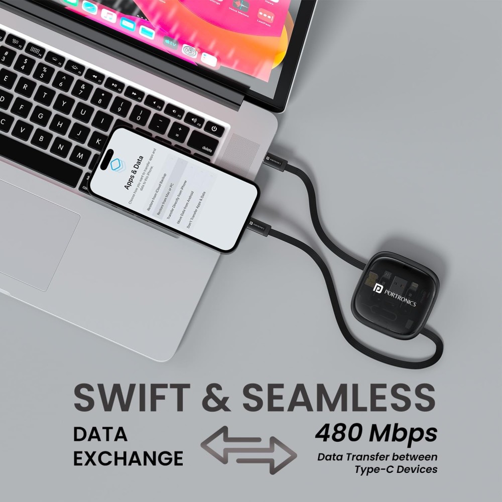 Portronics Snapcase 2 60W Multifunctional Fast Charging Data Cable Kit with Retractable Cable, USB-A & USB-C to Micro USB/Lightning Conversion Set, SIM Storage & SIM Eject Pin – (Black)
