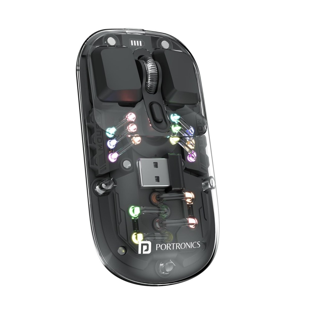 Portronics Toad 5 Transparent Bluetooth Wireless Mouse, BT 5.3 & 2.4GHz Dual Mode, Rechargeable RGB Mouse, Multi-Device Connectivity for Laptop, Tablet & Smartphone - (Black)