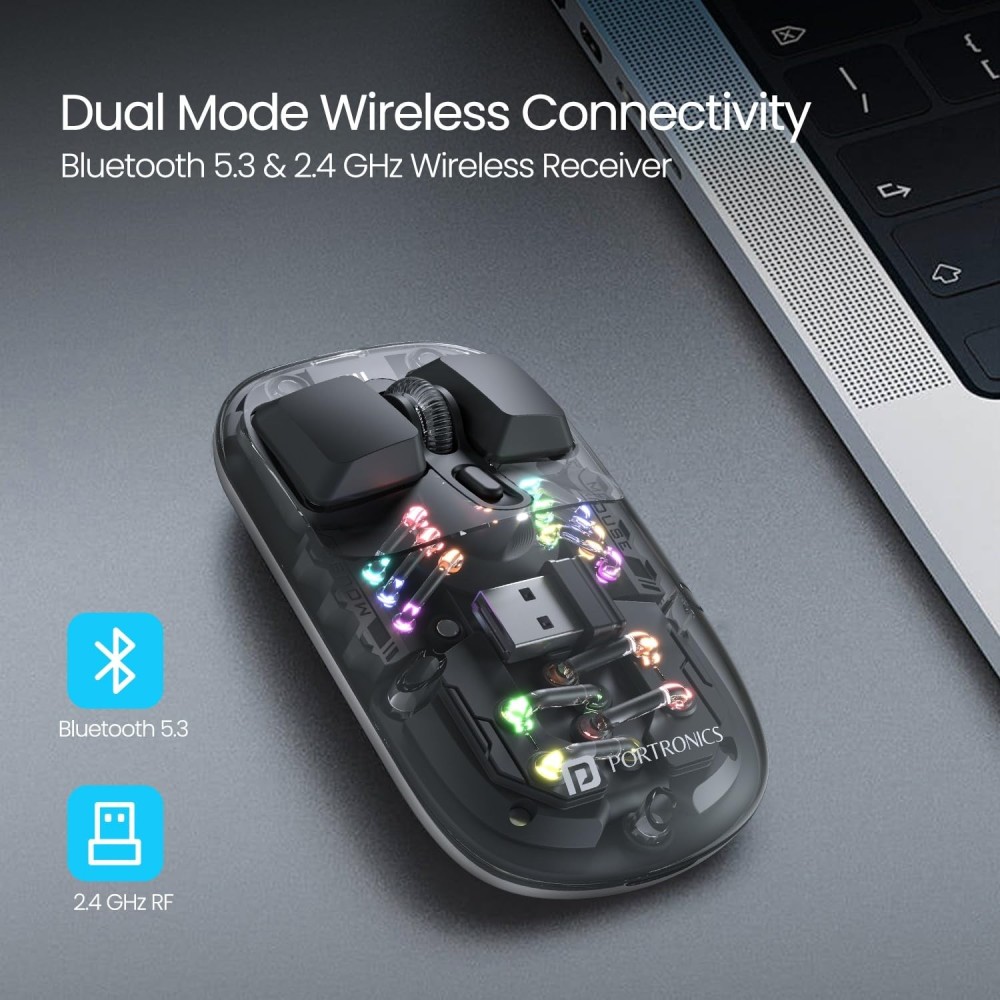 Portronics Toad 5 Transparent Bluetooth Wireless Mouse, BT 5.3 & 2.4GHz Dual Mode, Rechargeable RGB Mouse, Multi-Device Connectivity for Laptop, Tablet & Smartphone - (Black)