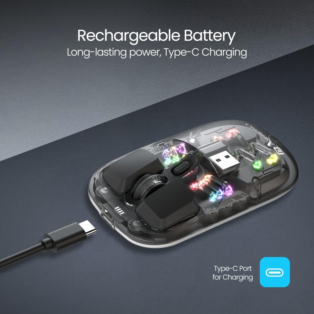 Portronics Toad 5 Transparent Bluetooth Wireless Mouse, BT 5.3 & 2.4GHz Dual Mode, Rechargeable RGB Mouse, Multi-Device Connectivity for Laptop, Tablet & Smartphone - (Black)