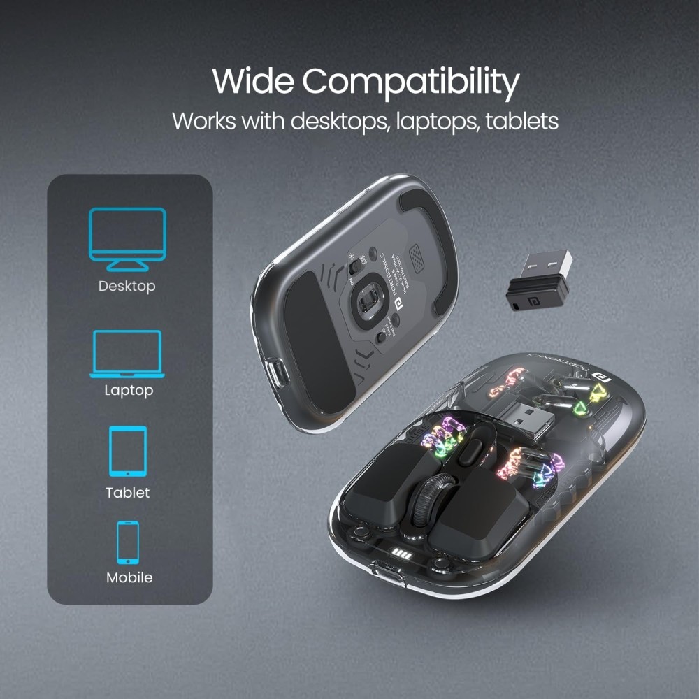 Portronics Toad 5 Transparent Bluetooth Wireless Mouse, BT 5.3 & 2.4GHz Dual Mode, Rechargeable RGB Mouse, Multi-Device Connectivity for Laptop, Tablet & Smartphone - (Black)