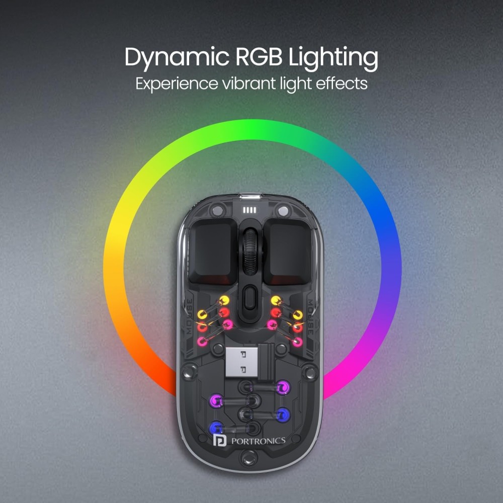 Portronics Toad 5 Transparent Bluetooth Wireless Mouse, BT 5.3 & 2.4GHz Dual Mode, Rechargeable RGB Mouse, Multi-Device Connectivity for Laptop, Tablet & Smartphone - (Black)