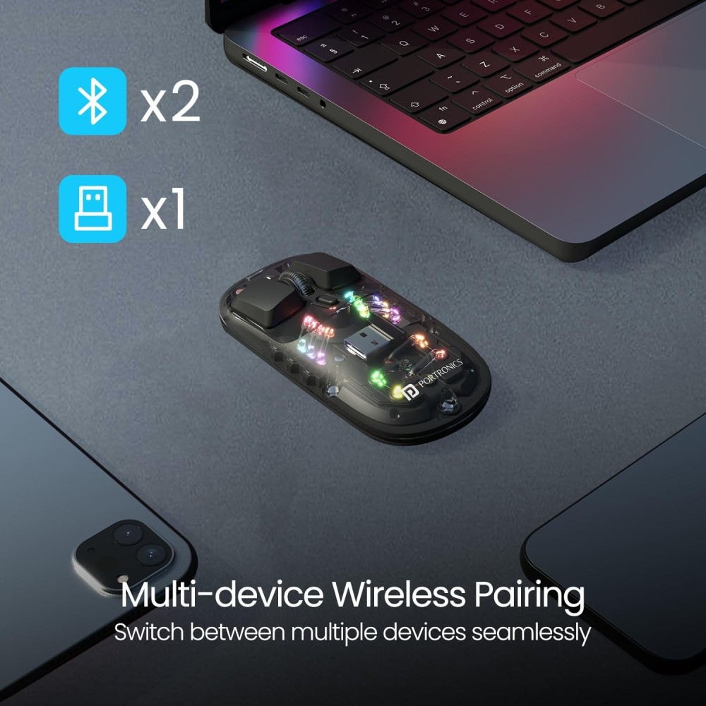 Portronics Toad 5 Transparent Bluetooth Wireless Mouse, BT 5.3 & 2.4GHz Dual Mode, Rechargeable RGB Mouse, Multi-Device Connectivity for Laptop, Tablet & Smartphone - (Black)