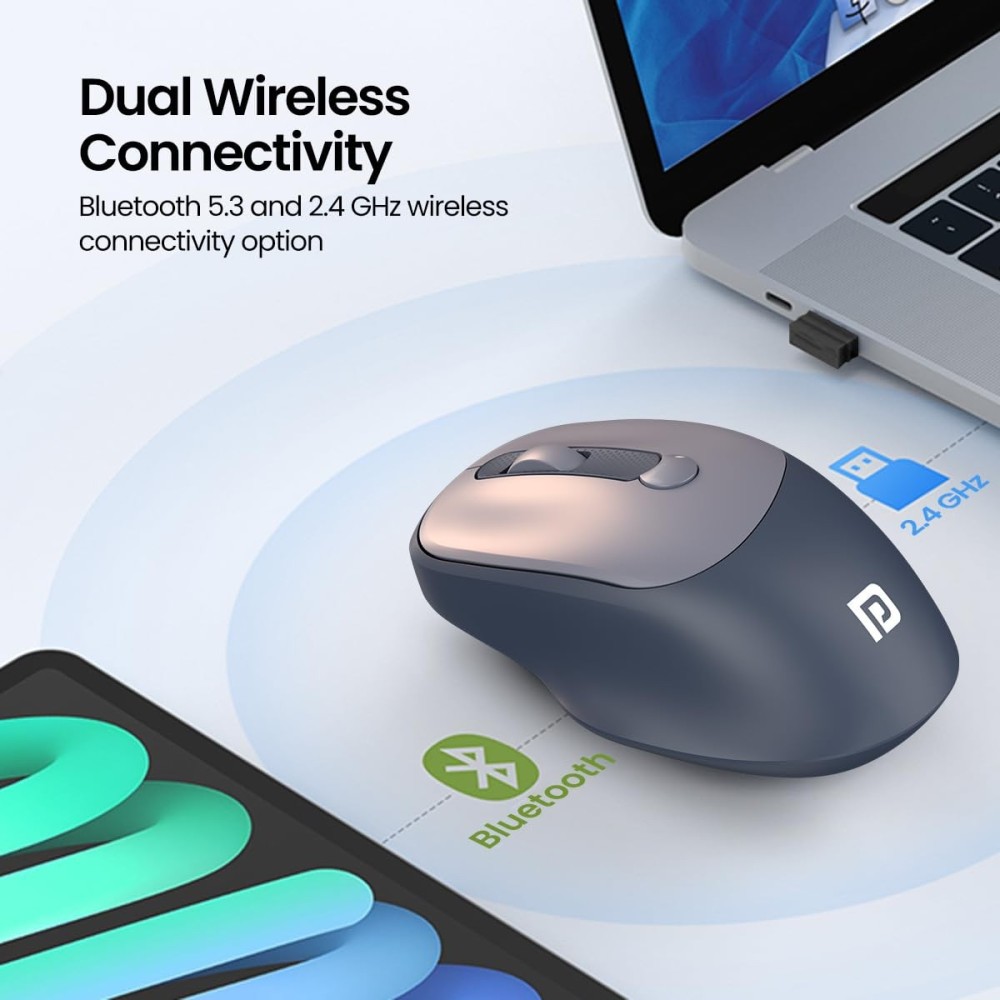 Portronics Toad 7 Wireless Mouse with Bluetooth 5.3 & 2.4GHz, Rechargeable Battery, Adjustable 3200 DPI, Ergonomic Mouse for Laptop, PC & Mac - (Grey)