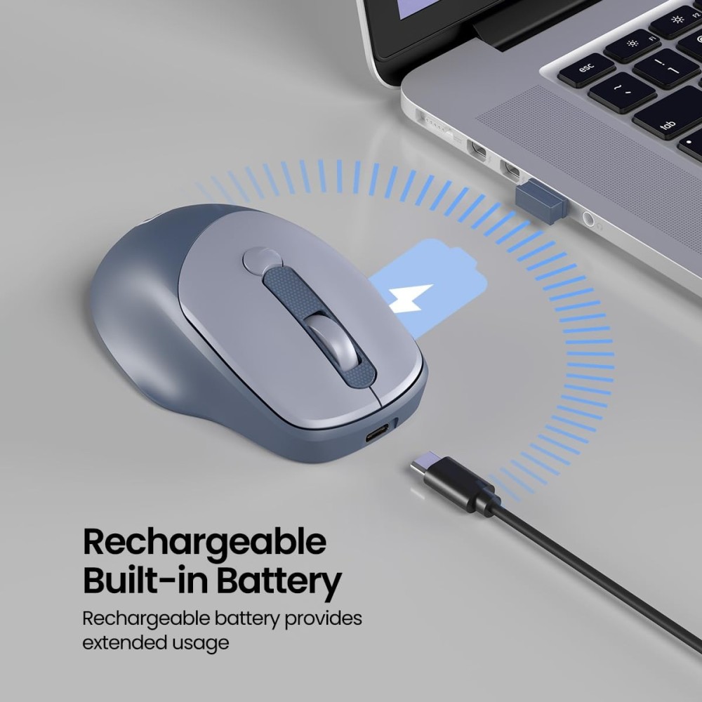 Portronics Toad 7 Wireless Mouse with Bluetooth 5.3 & 2.4GHz, Rechargeable Battery, Adjustable 3200 DPI, Ergonomic Mouse for Laptop, PC & Mac - (Grey)