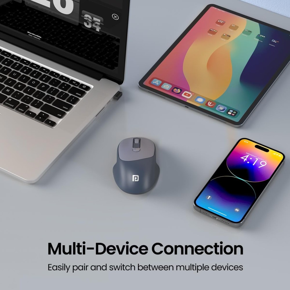 Portronics Toad 7 Wireless Mouse with Bluetooth 5.3 & 2.4GHz, Rechargeable Battery, Adjustable 3200 DPI, Ergonomic Mouse for Laptop, PC & Mac - (Grey)