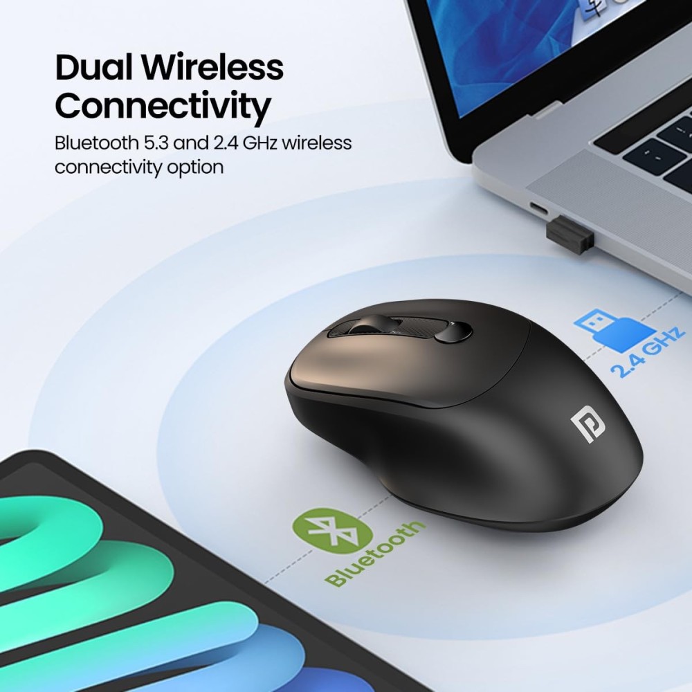 Portronics Toad 7 Wireless Mouse with Bluetooth 5.3 & 2.4GHz, Rechargeable Battery, Adjustable 3200 DPI, Ergonomic Mouse for Laptop, PC & Mac - (Black)