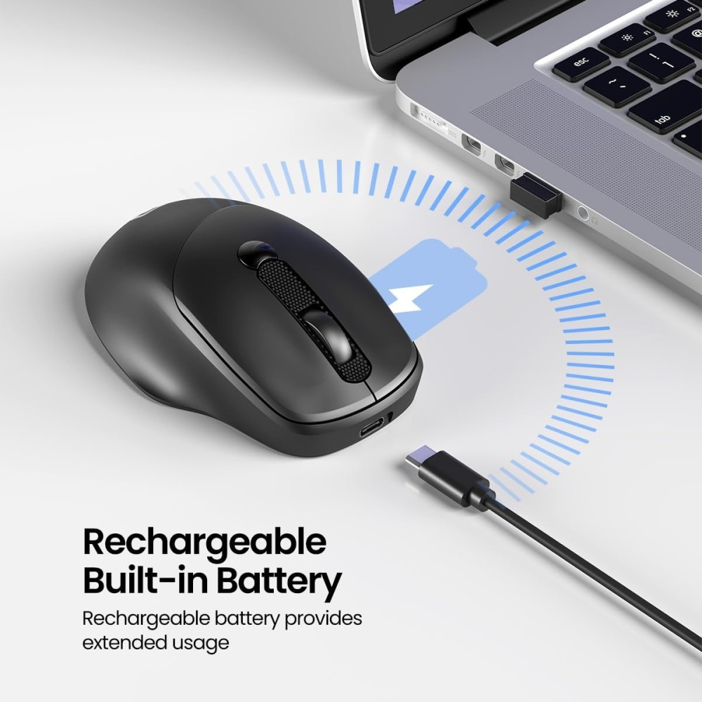 Portronics Toad 7 Wireless Mouse with Bluetooth 5.3 & 2.4GHz, Rechargeable Battery, Adjustable 3200 DPI, Ergonomic Mouse for Laptop, PC & Mac - (Black)