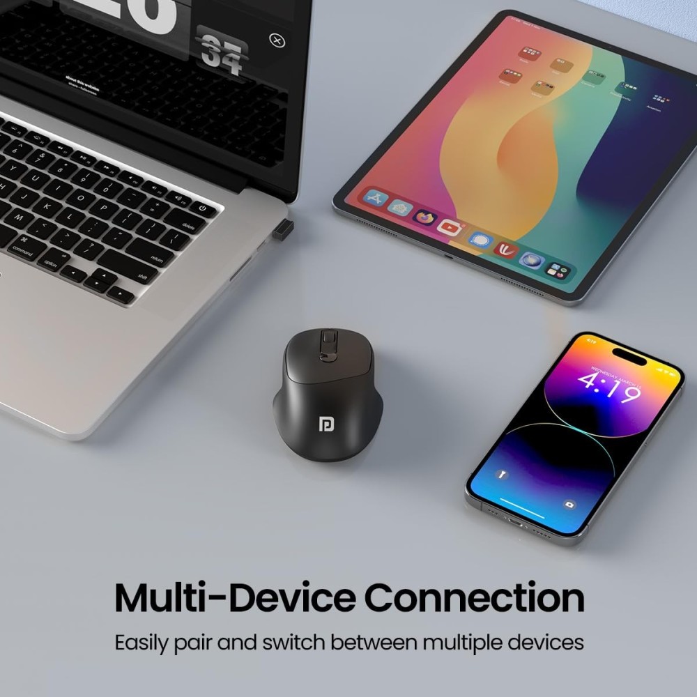Portronics Toad 7 Wireless Mouse with Bluetooth 5.3 & 2.4GHz, Rechargeable Battery, Adjustable 3200 DPI, Ergonomic Mouse for Laptop, PC & Mac - (Black)